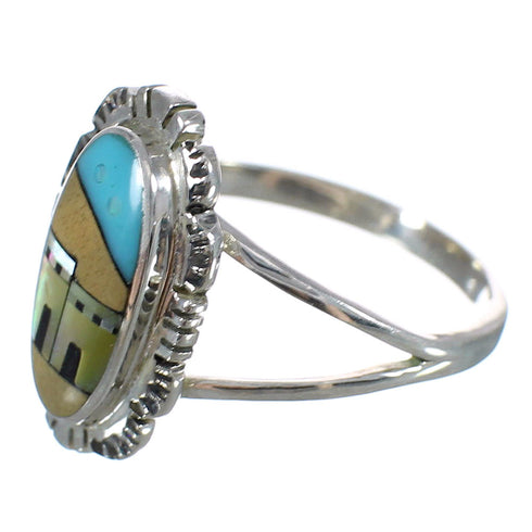 Southwest Multicolor Sterling Silver Native American Village Design Ring Size 6-1/2 YX77972
